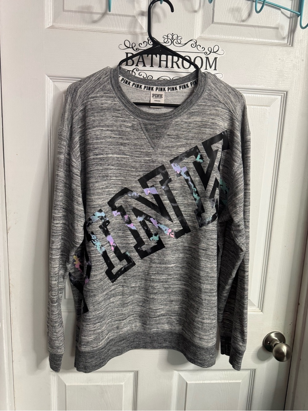 PINK Victoria's Secret Gray Marled Crewneck with Pastel Logo